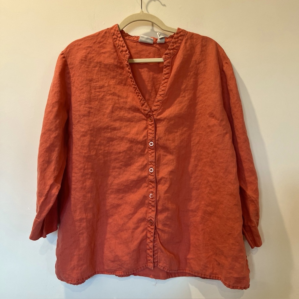 Covington 100% Linen V Neck Button Front Shirt XL Coral Orange 3/4 Sleeve